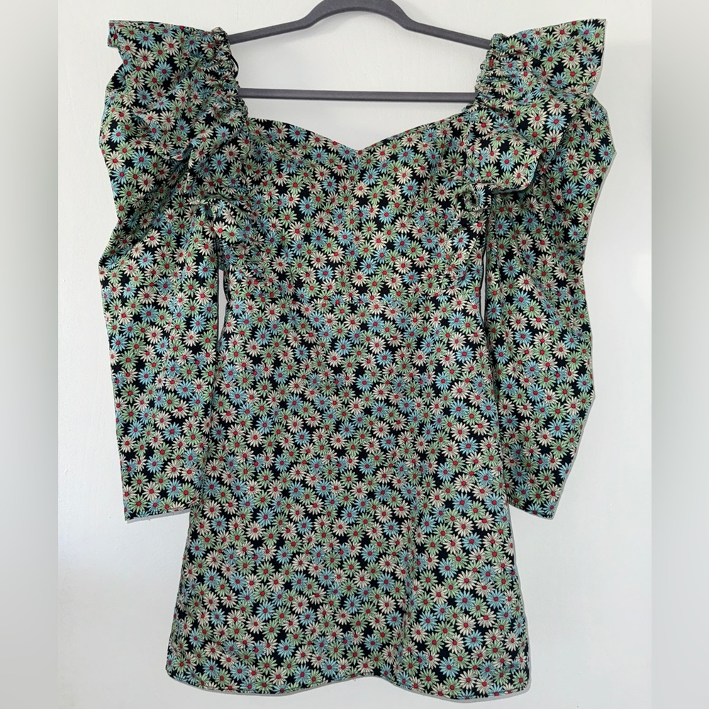 ZARA Poplin Daisy Ruffle Puff Sleeves Green Mini
Dress |Size Small